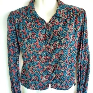 Forever21 Long Sleeve Ditsy Floral Cropped Style Button Down Top Size S